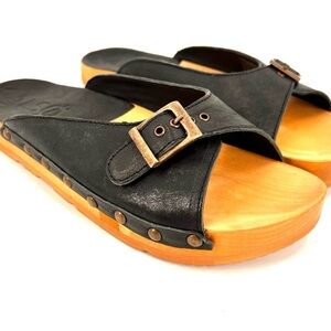 Kalso Earth Shoe “Serenity”Leather Negative Heel Wooden Sandal SZ 9.5US Black